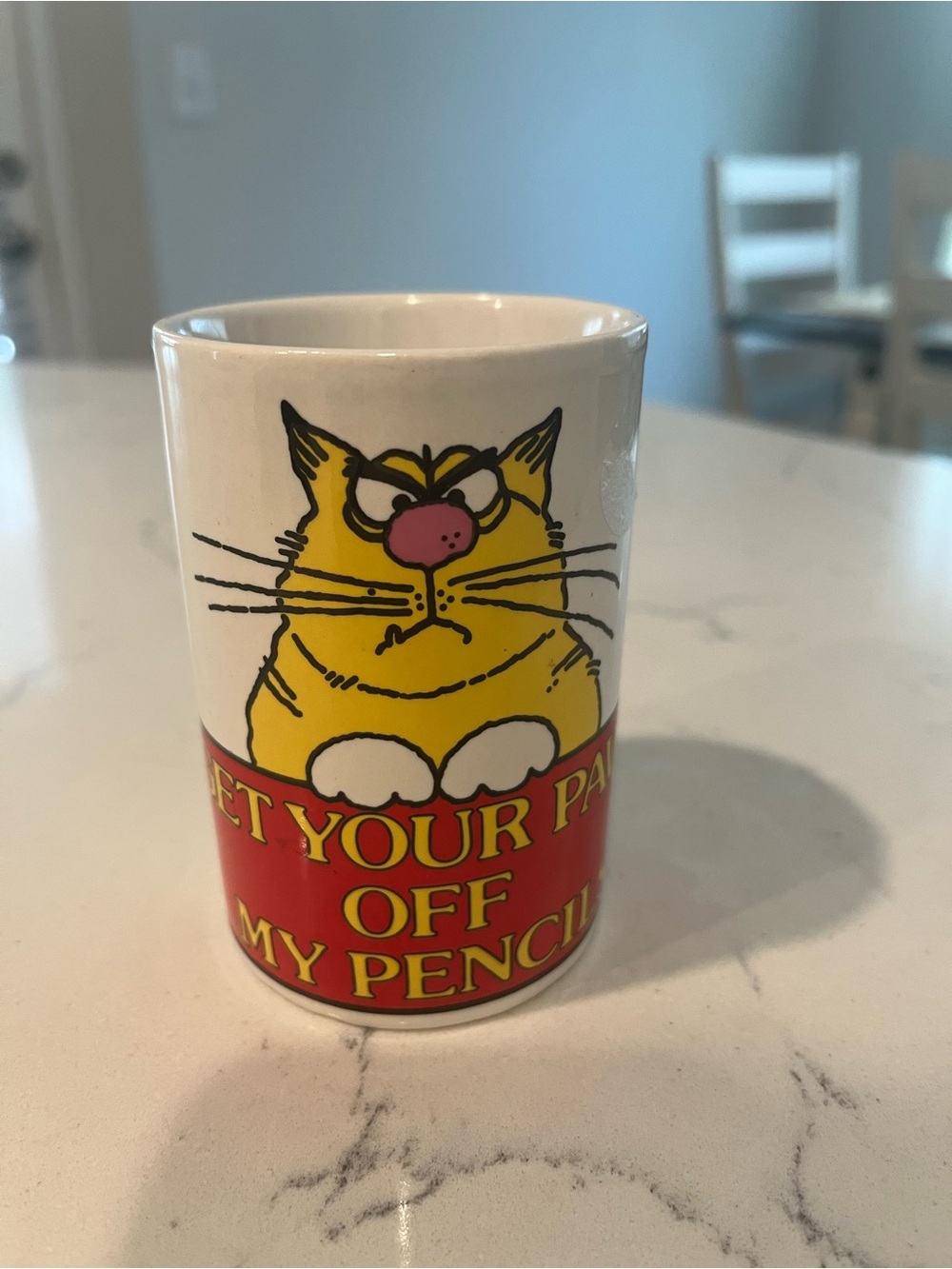 Yellow Cat Ceramic Pencil Cup with Humorous Red Accent